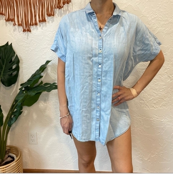 Soft Surroundings chambray denim button tunic short sleeve shirt top sz small - Picture 1 of 8